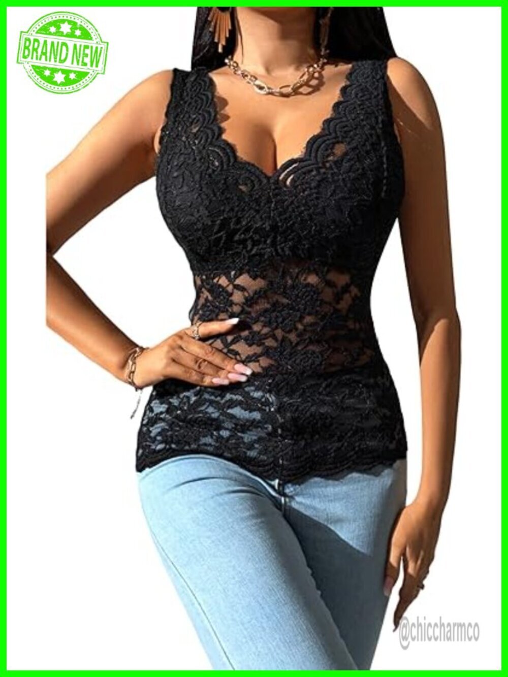 Sleeveless Mesh Floral Lace Scallop V Neck Backless Tank Top Blouse